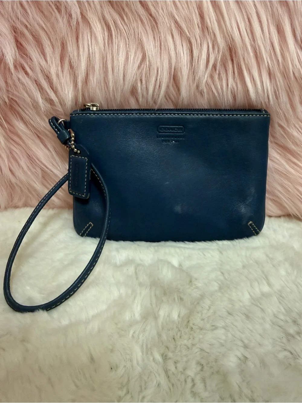 Vintage Coach Dark Blue Leather Wristlet with Detachable Strap